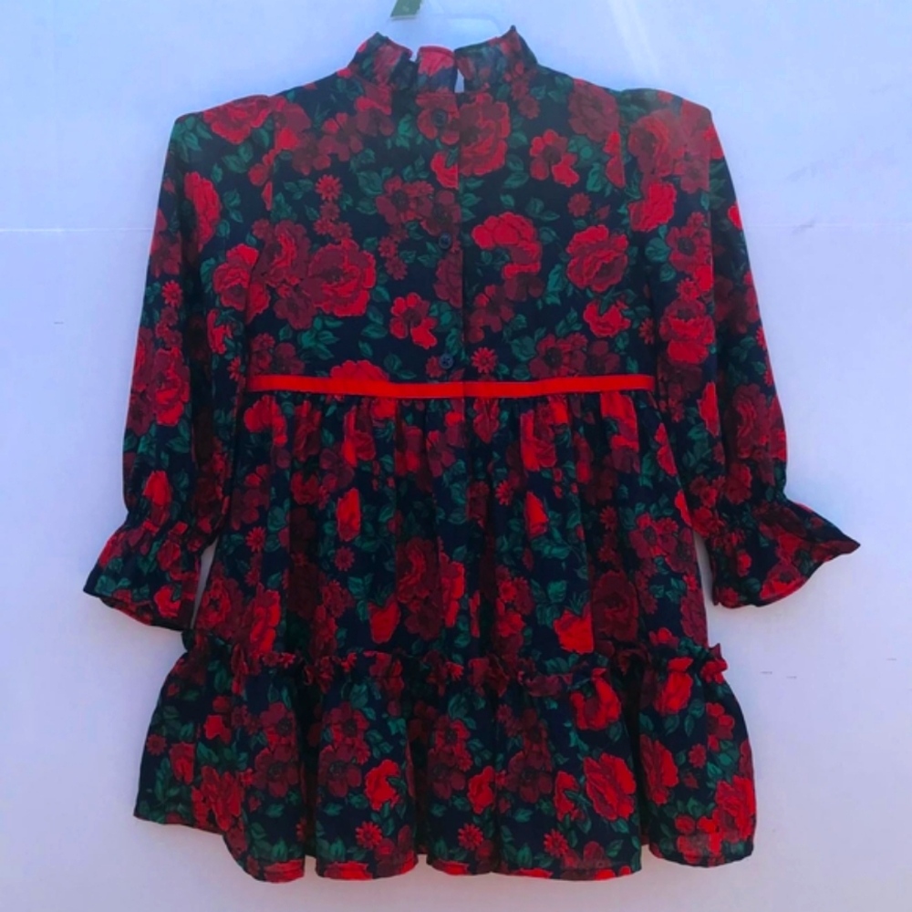3 year old girl's dress JANIE AND JACK FLOWERED RED AND GREEN - Picture 3 of 9